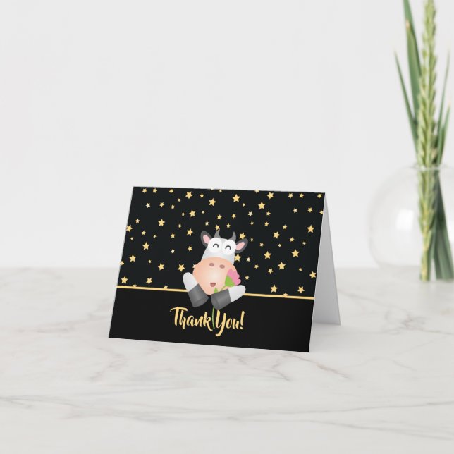 Beautiful Gold Starry Sky Cartoon Kuh mit Blume Dankeskarte (Vorderseite)