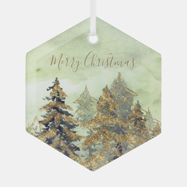 Beautiful Golden Green Christmas Trees Ornament Aus Glas (Vorderseite)