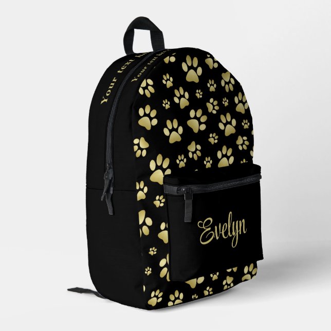 Beautiful Golden Paws Prints on Black Background  Bedruckter Rucksack (Rückseitige Ecke links)