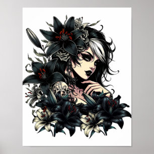 Beautiful Goth Girl Black Lilly Blume Art Poster