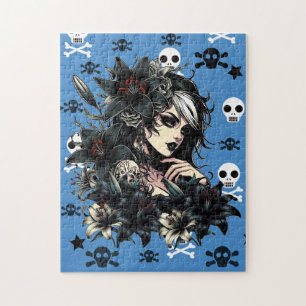 Beautiful Goth Girl Black Lilly Blume Art Puzzle