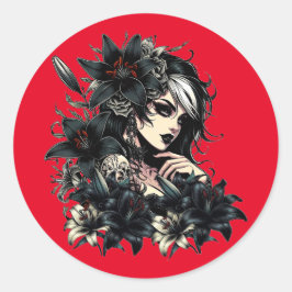 Beautiful Goth Girl Black Lilly Blume Art Runder Aufkleber
