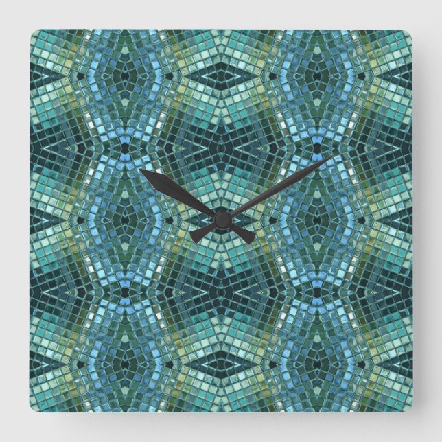 Beautiful Green and Blue Glass Mosaic Quadratische Wanduhr (Vorderseite)