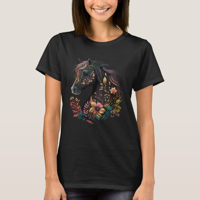 Beautiful Horse with Flowers and Plants Equestrian T-Shirt (Vorderseite)