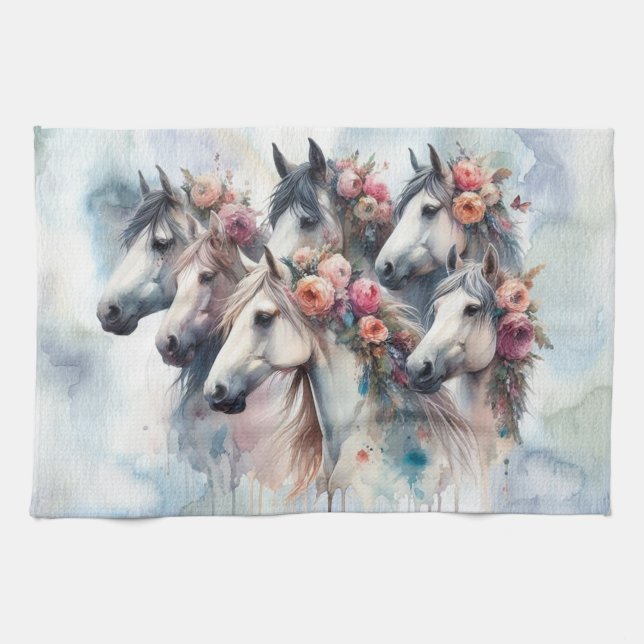 Beautiful Horses Floral Kitchen Towel Geschirrtuch (Horizontal)