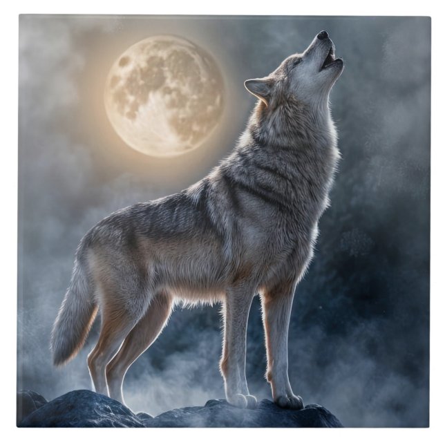 Beautiful Howling Wolf Moon Art Fliese (Vorderseite)