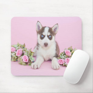 Beautiful Husky Puppy with Pink Roses Mousepad