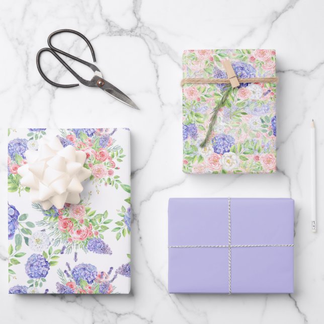 Beautiful Hydangeas, Lilacs und Rose Geschenkpapier Set (Vorderseite)