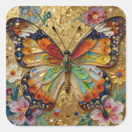 Beautiful Impasto Butterfly and Flowers Quadratischer Aufkleber