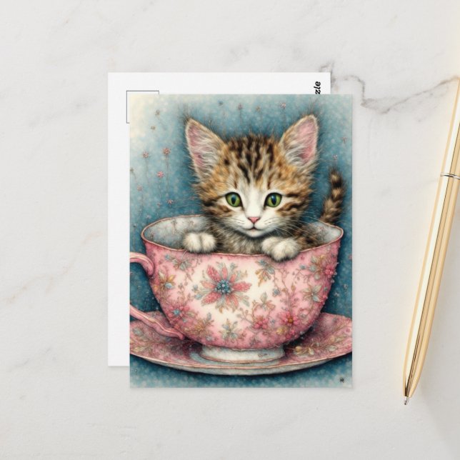 Beautiful kitten in a teacup  postkarte (Vorderseite/Rückseite Beispiel)
