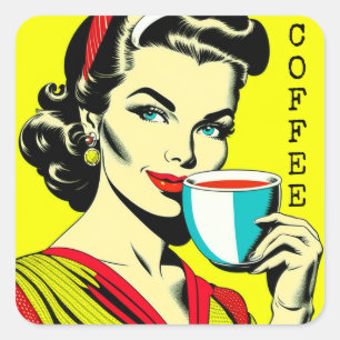 Beautiful Lady Vintag Retro Pop Art Café Quadratischer Aufkleber