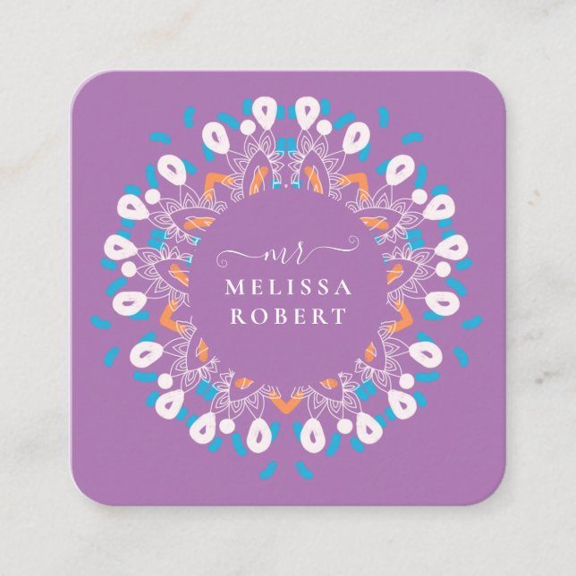 Beautiful Lavander Lila Floral Mandala Marmor Quadratische Visitenkarte (Vorderseite)