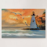 Beautiful Lighthouse and Sea Scene Painting Puzzle<br><div class="desc">This painting of a lighthouse with a sunset sky and coastal birds will bring hours of pleasure to anyone. 

Picture by Natureworks at Morguefile</div>