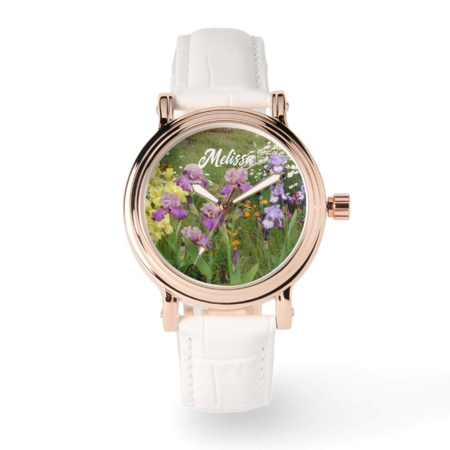 Beautiful Lila Iris Blume Blumengarten Armbanduhr (Vorderseite)