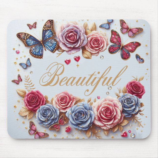 "Beautiful" mit Schmetterlingen und Rose Mousepad (Vorne)