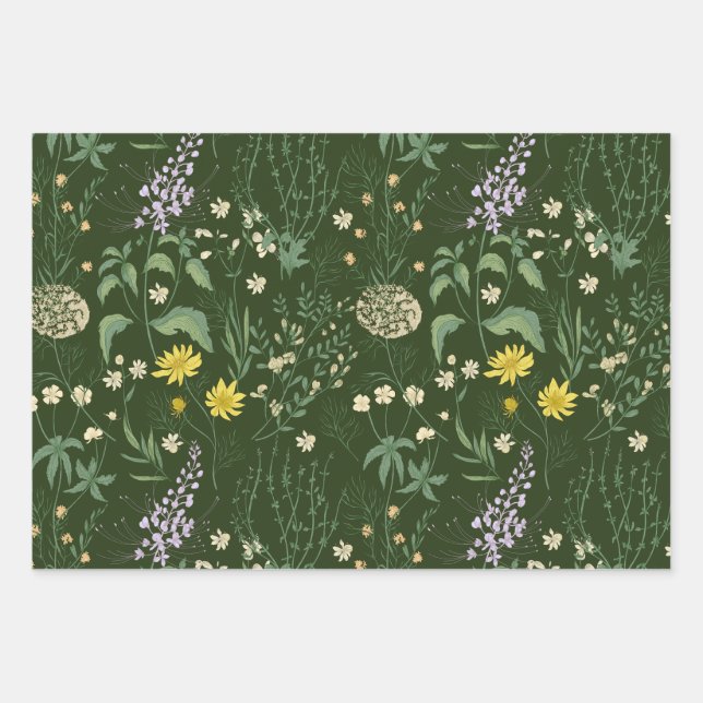 Beautiful Mixed Pastell Wildblumen Green Geschenkpapier Set (Vorderseite)