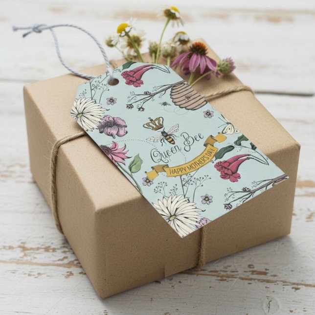 Beautiful Mütter Day Queen Bee, Blume & Foto Geschenkanhänger (Cute Floral Mother's Day Queen Bee Gift Tags. Elegant Flowers, Bees, Beehive, Queen Bee Mint Pattern)