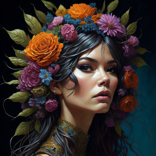 Beautiful mysterious black haired flower woman seidenpapier