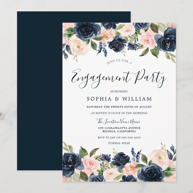 Beautiful Navy & Blush Floral Engagement Party Einladung (Vorne/Hinten)
