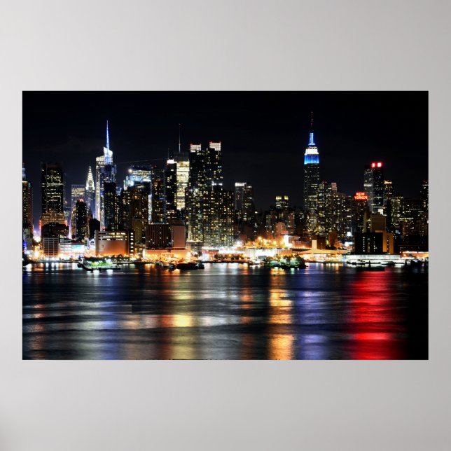 Beautiful New York Night Lights Reflecting River Poster (Vorne)