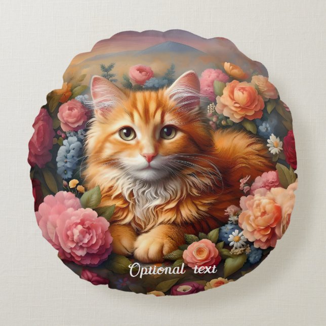 Beautiful Orange Tabby Cat und Blume Rundes Kissen (Vorderseite)