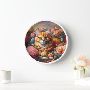 Beautiful Orange Tabby Cat und Blume Uhr