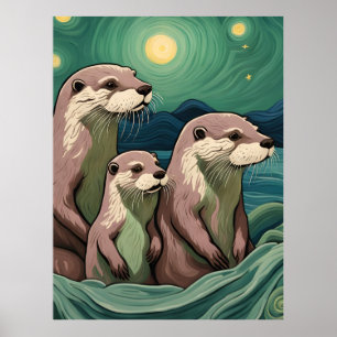Beautiful Otter Family Van Gogh Style Poster