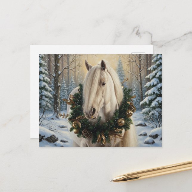 Beautiful Palomino Horse Winter Forest Christmas Postkarte (Vorderseite/Rückseite Beispiel)