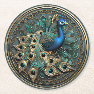 Beautiful Peacock Blue Gold Türkis Kunst, Dichtung Runder Pappuntersetzer