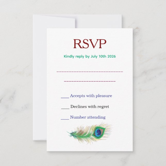 Beautiful Peacock Feather Wedding RSVP Karte (Vorderseite)