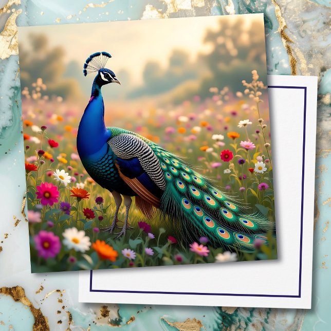 Beautiful Peacock in Field of Flowers  Karte (Von Creator hochgeladen)