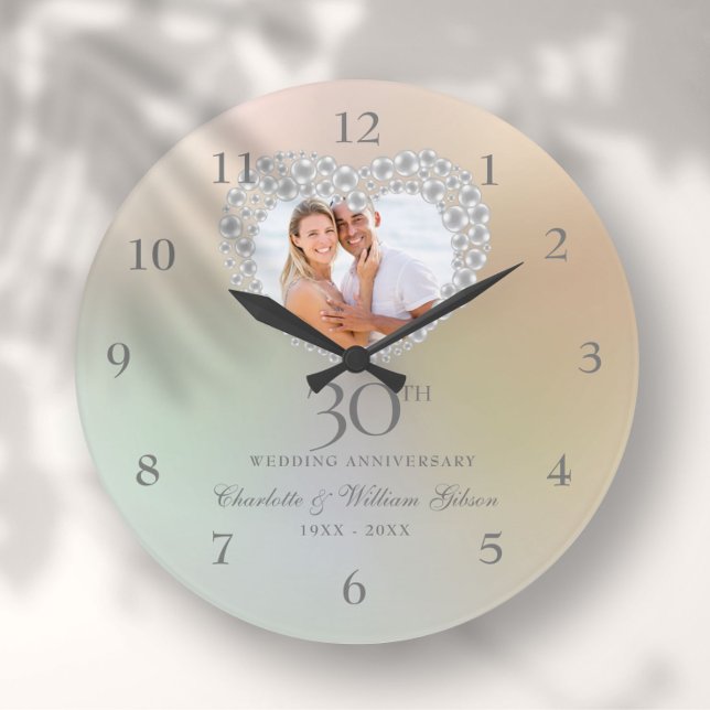 Beautiful Pearl Heart Foto 30 Jahre Jubiläum Große Wanduhr (Beautiful Pearl Heart Photo 30th Anniversary Large Clock)