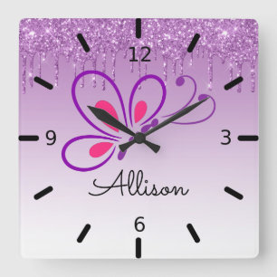 Beautiful Personalized Purple Butterfly Quadratische Wanduhr