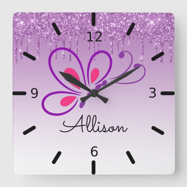 Beautiful Personalized Purple Butterfly Quadratische Wanduhr (Vorderseite)