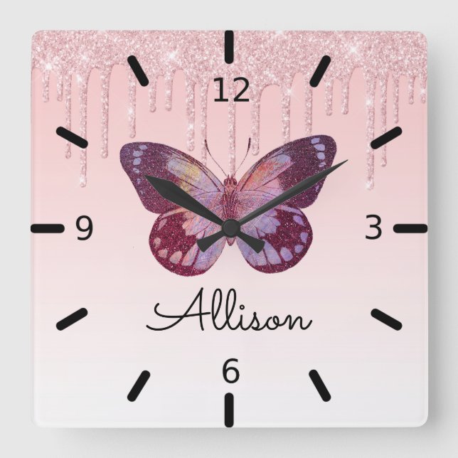 Beautiful Personalized Purple Butterfly Quadratische Wanduhr (Vorderseite)