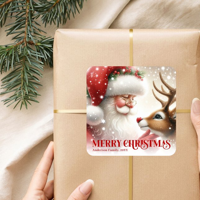 Beautiful Personalized Santa and Rudolph Holiday   Quadratischer Aufkleber (Beautiful Personalized Santa and Rudolph Holiday Sticker)