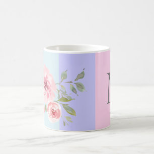 Beautiful Pink Blue Strip Floral Monogram Name Kaffeetasse