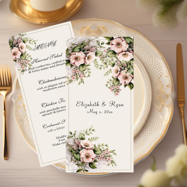 Beautiful Pink Flowers Greenery Vines Menükarte (Von Creator hochgeladen)