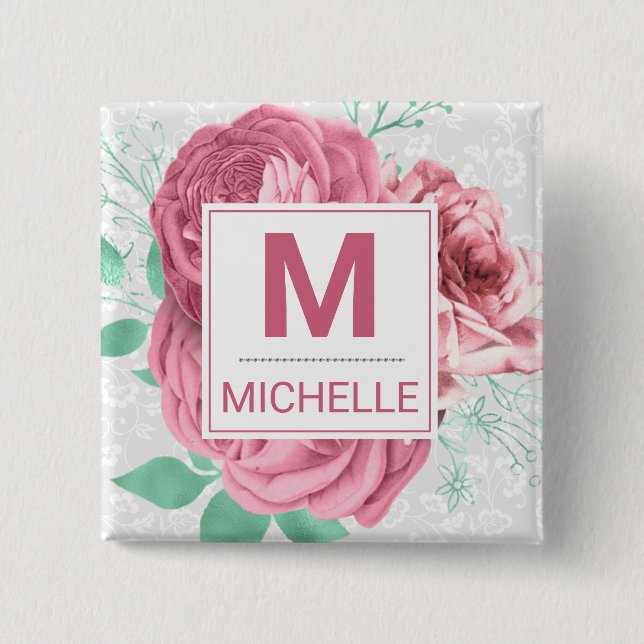 Beautiful Pink Garden Rose Monogram Button (Vorderseite)