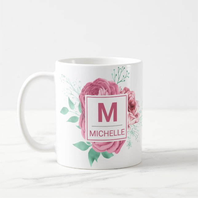 Beautiful Pink Garden Rose Monogram Kaffeetasse (Links)