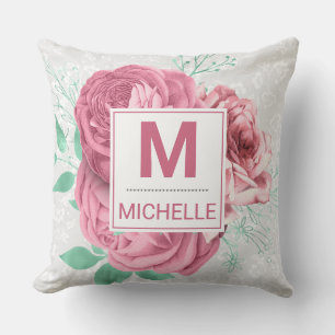 Beautiful Pink Garden Rose Monogram Kissen
