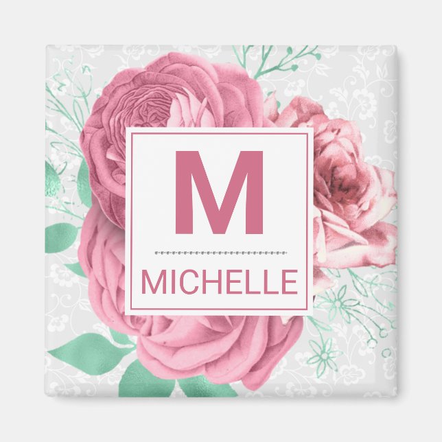 Beautiful Pink Garden Rose Monogram Magnet (Vorne)
