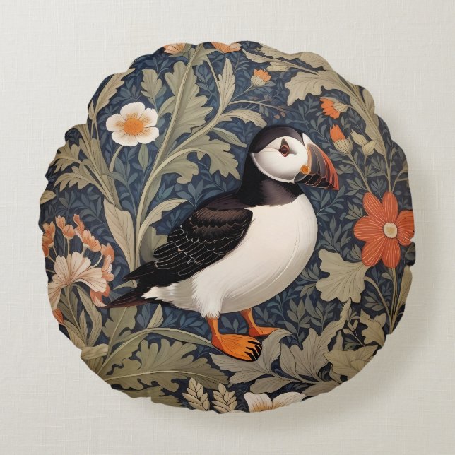 Beautiful Puffin William Morris Inspiriert Rundes Kissen (Vorderseite)