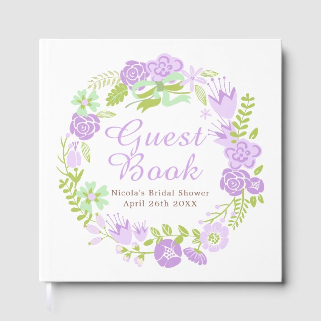 Beautiful Purple Floral Wreath Bridal Shower Gästebuch (Vorderseite)