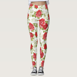 Beautiful Red Floral Rose Pattern Leggings