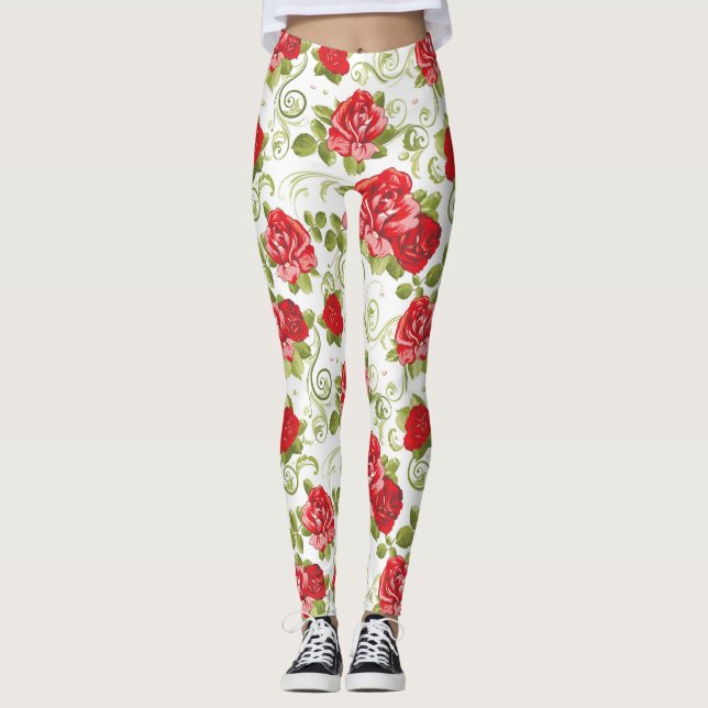 Beautiful Red Floral Rose Pattern Leggings (Vorderseite)