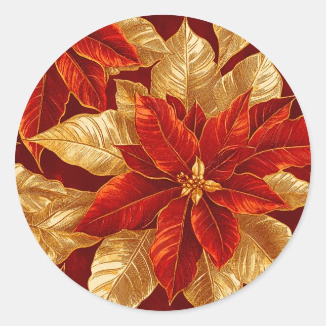 Beautiful Red Gold Vintag Poinsettias Weihnachten Runder Aufkleber (Vorderseite)