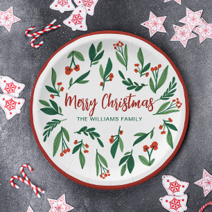 Beautiful Red Green Holly Berry Custom Christmas Pappteller