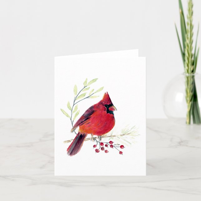 Beautiful Red Kardinal Note Card (Beautiful Red Cardinal Berries Watercolor Blank Note Card by Jenn Steffen Art)