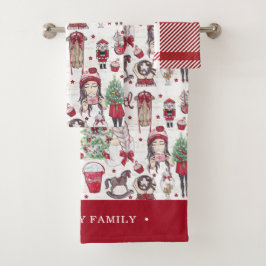 Beautiful Red Watercolor Weihnachtsfamilie Name Badhandtuch Set